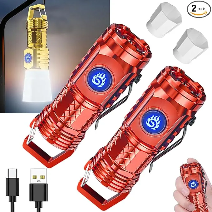 German Three-eyed Monster Mini Flashlight Thumb Flashlight, Mini Flash Super Power Flashlight, Multi-Functional Mini Pen Clip Flashlight Light Steel High Lumen Rechargeable Waterproof (Red)