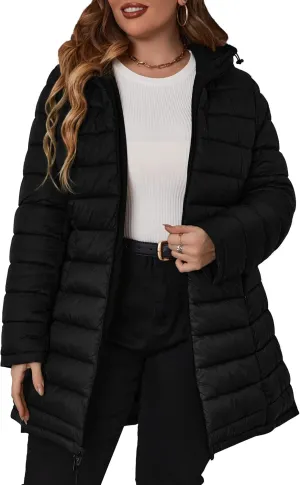 Geschallino Women's Puffer Coat Plus Size Winter Jacket Warm Hooded Thicken Long Padded Bubble Outerwear (1X-5X)