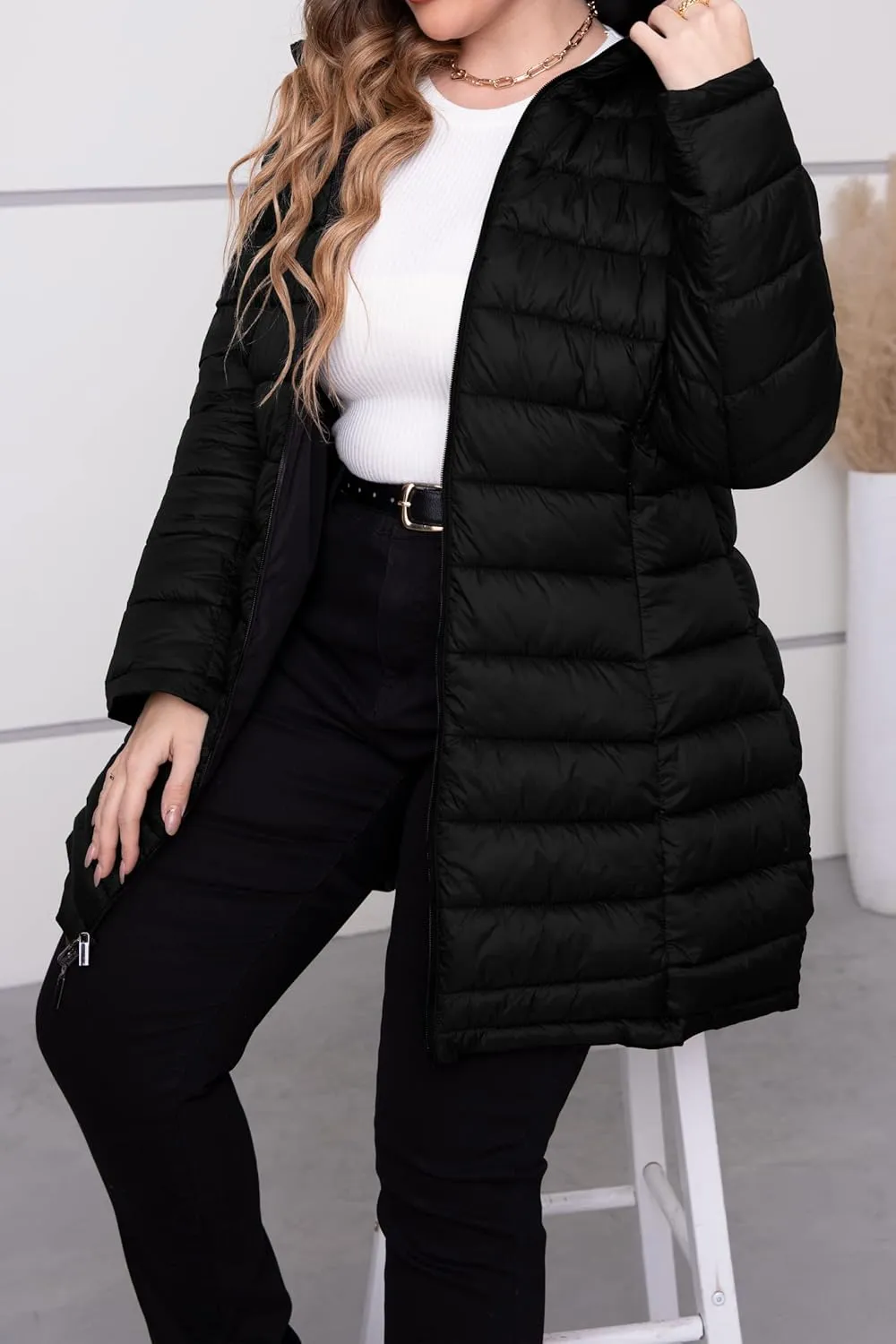 Geschallino Women's Puffer Coat Plus Size Winter Jacket Warm Hooded Thicken Long Padded Bubble Outerwear (1X-5X)
