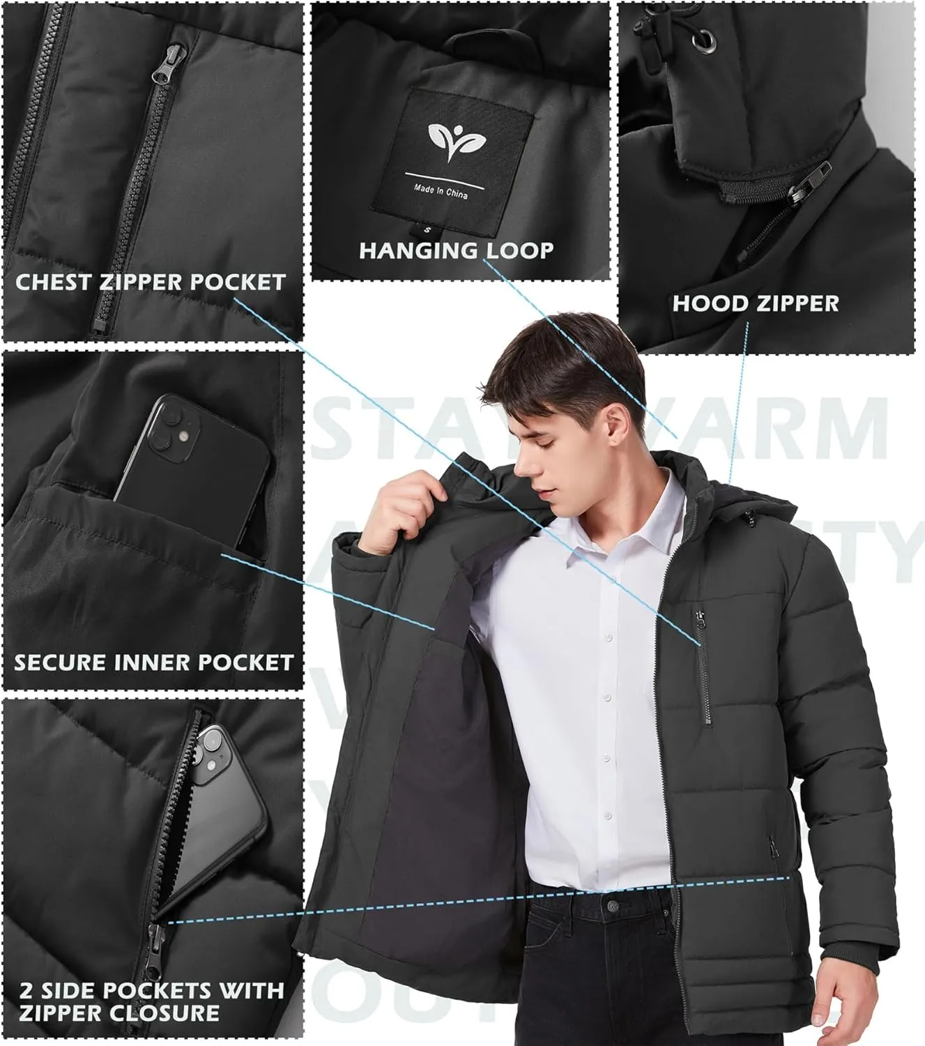 GGleaf Men's Hooded Winter Coat Warm Puffer Jacket Thicken Quilted Jacket