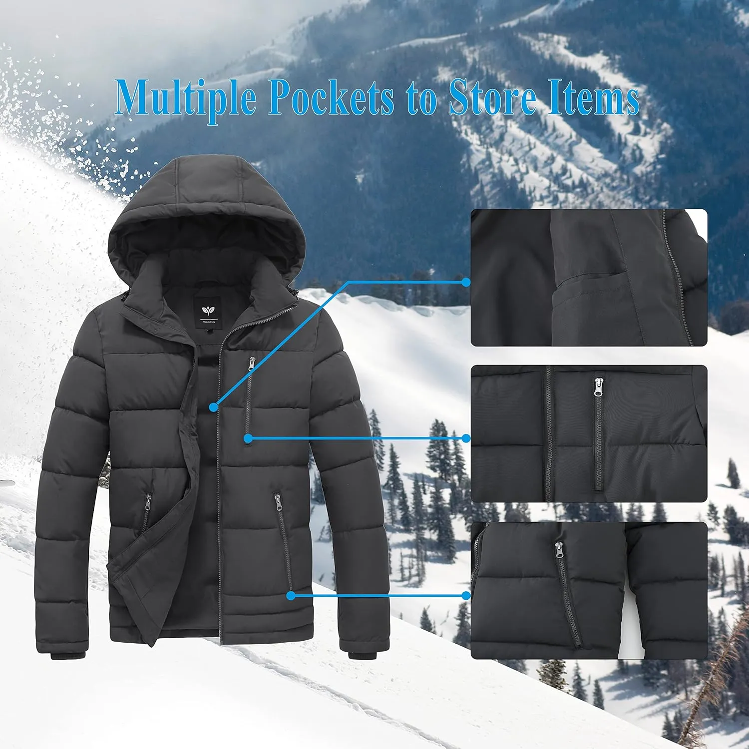 GGleaf Men's Hooded Winter Coat Warm Puffer Jacket Thicken Quilted Jacket