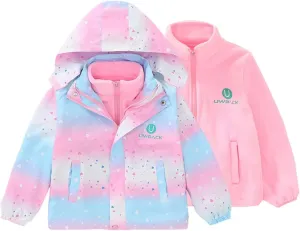 Girls Jacket 3 In 1 Detachable Liner Fleece Windproof Waterproof Lightweigt Coat With Hood