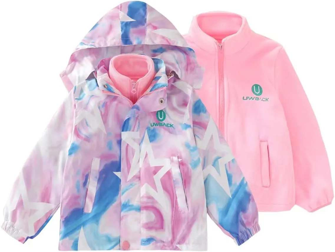 Girls Jacket 3 In 1 Detachable Liner Fleece Windproof Waterproof Lightweigt Coat With Hood