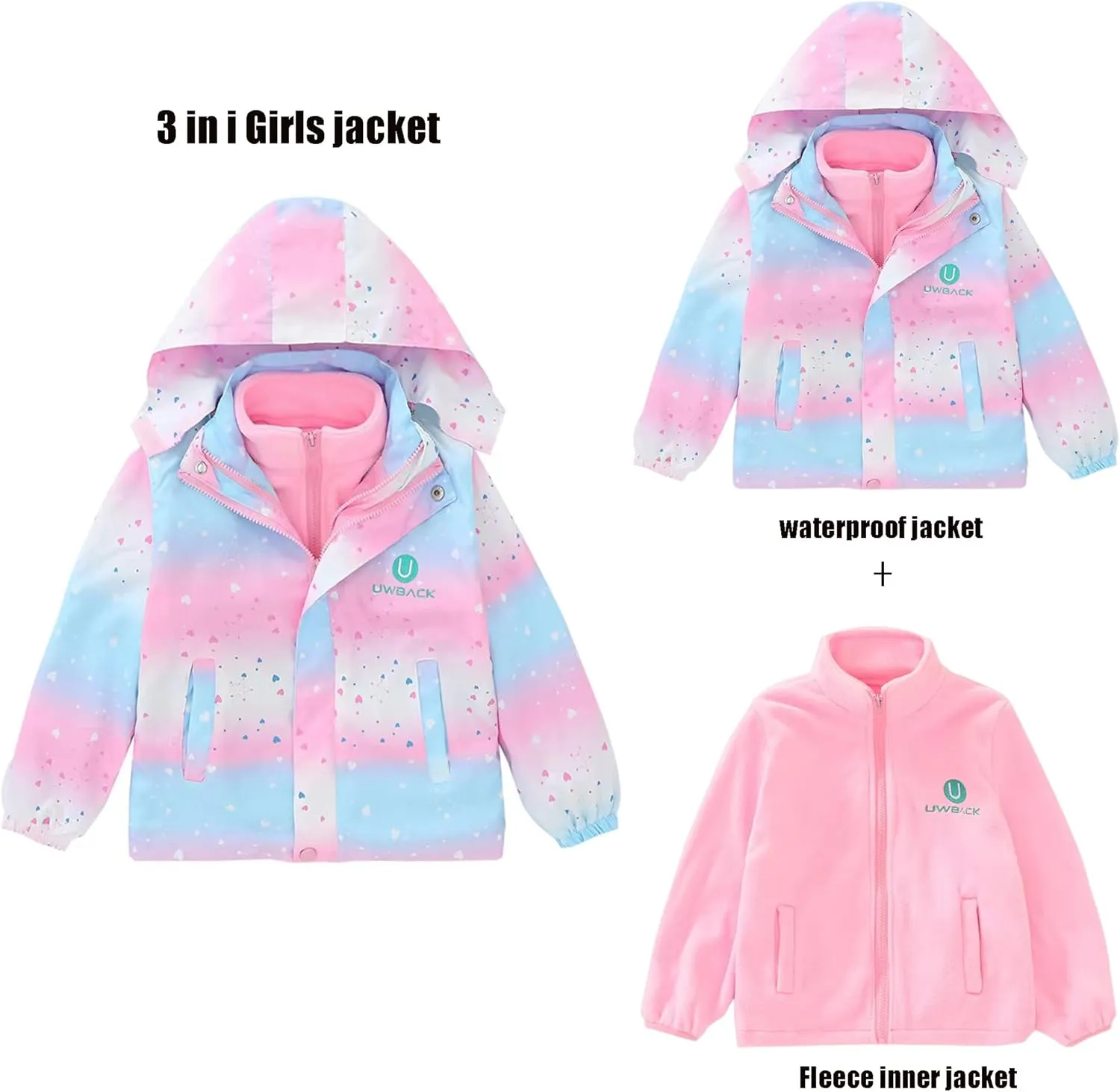 Girls Jacket 3 In 1 Detachable Liner Fleece Windproof Waterproof Lightweigt Coat With Hood