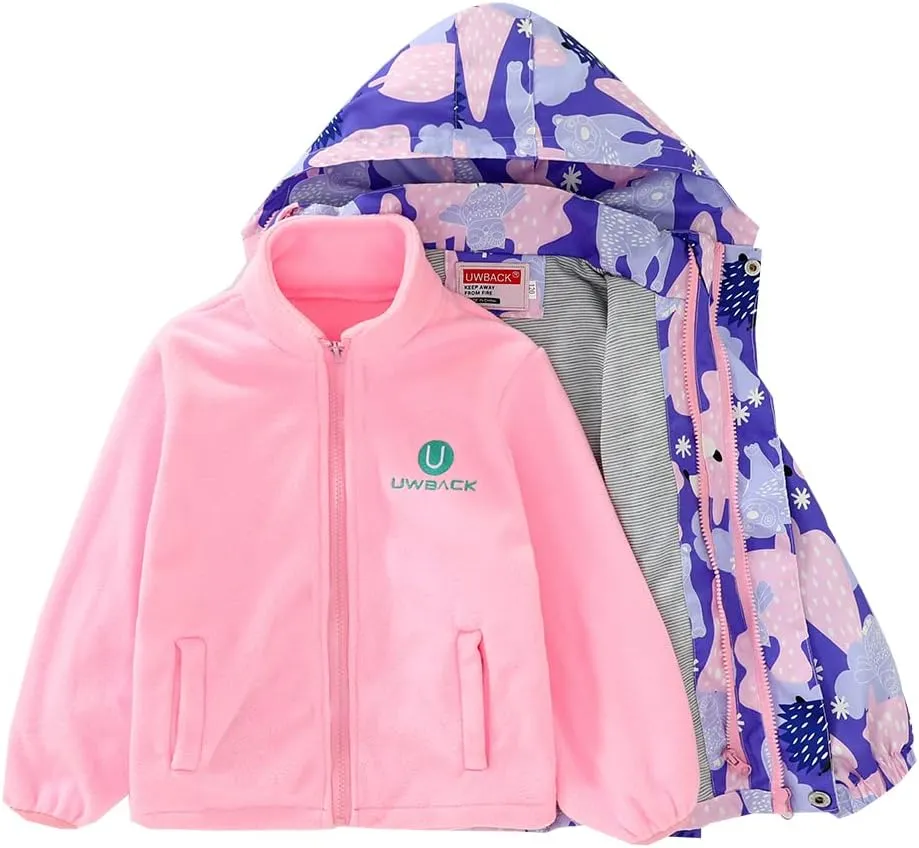 Girls Jacket 3 In 1 Detachable Liner Fleece Windproof Waterproof Lightweigt Coat With Hood
