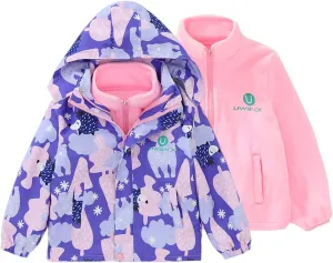 Girls Jacket 3 In 1 Detachable Liner Fleece Windproof Waterproof Lightweigt Coat With Hood