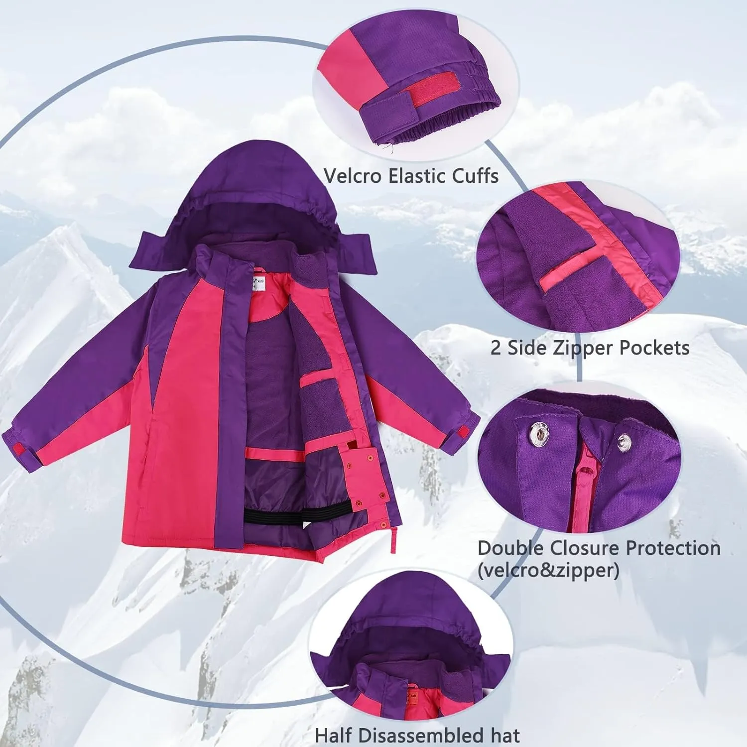 Girl's Waterproof Ski Jacket,Warm Winter Snow Coat,Hooded Fleece Outwear,Windproof RainCoat