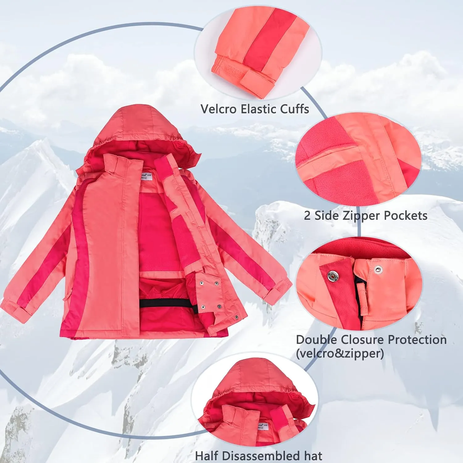 Girl's Waterproof Ski Jacket,Warm Winter Snow Coat,Hooded Fleece Outwear,Windproof RainCoat
