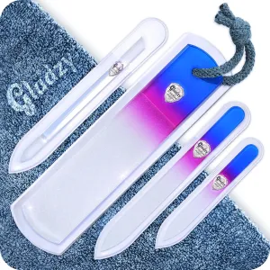 GLADZY Genuine Czech Glass Nail File Set - Callus Remover Foot Rasp, Cuticle Pusher Manicure Stick, Double Sided Etched Different Grit Surface, Professional Nail Care Tool, Made in EU