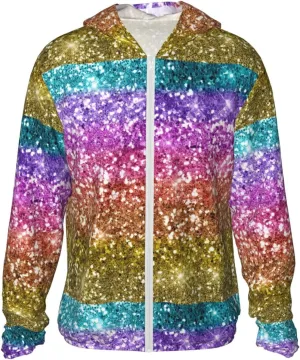 Glitter Rainbow Men Women Full Zip Sun Protection Hoodie Packable Outdoor Hiking -