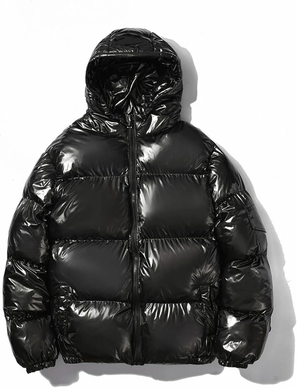 Glossy Puffer Jacket Men Hooded Down Jacket Zip up Quilted Jacket Warm Padded Jacket Insulated Winter Coat with Pockets