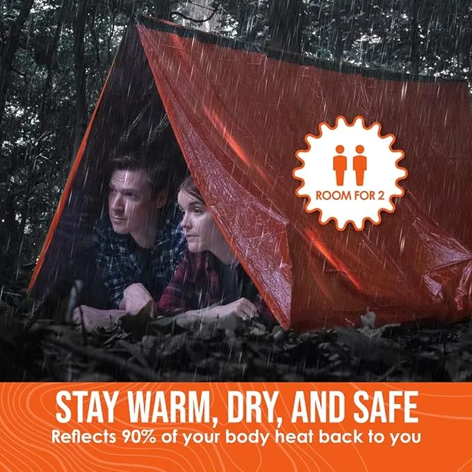 Go Time Gear Survival Life Tent • 2 Person Mylar Emergency Shelter Tube Tent   Paracord • All-Weather Protection for Camping, Hiking, & Survival Kits • Includes Emergency Whistle
