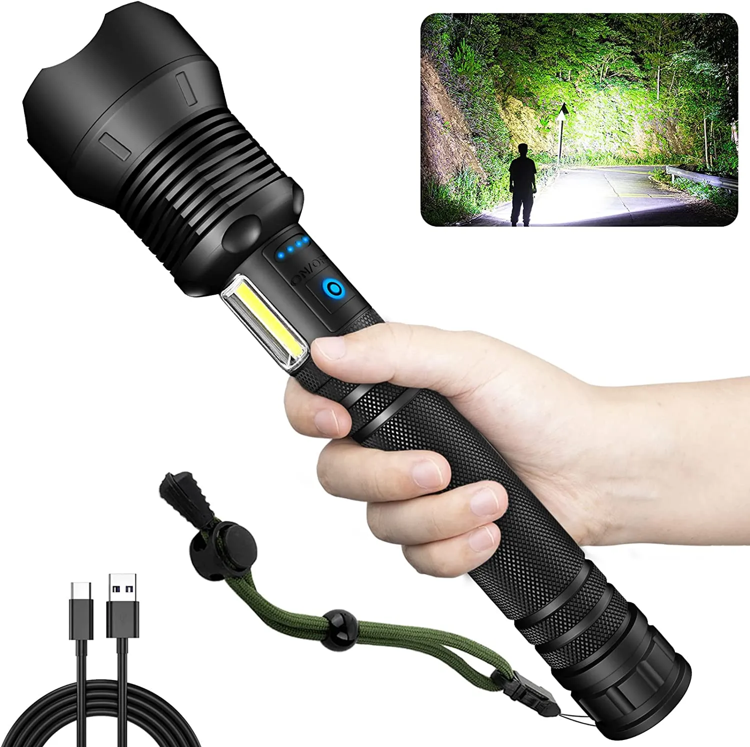 GOHOMAN Rechargeable Flashlights High Lumens, 100000 Lumens Led Flashlight with USB Cable, Super Bright Flashlight for Emergencies, High Powered Flash Light IPX6 Waterproof 7 Light Modes Zoomable