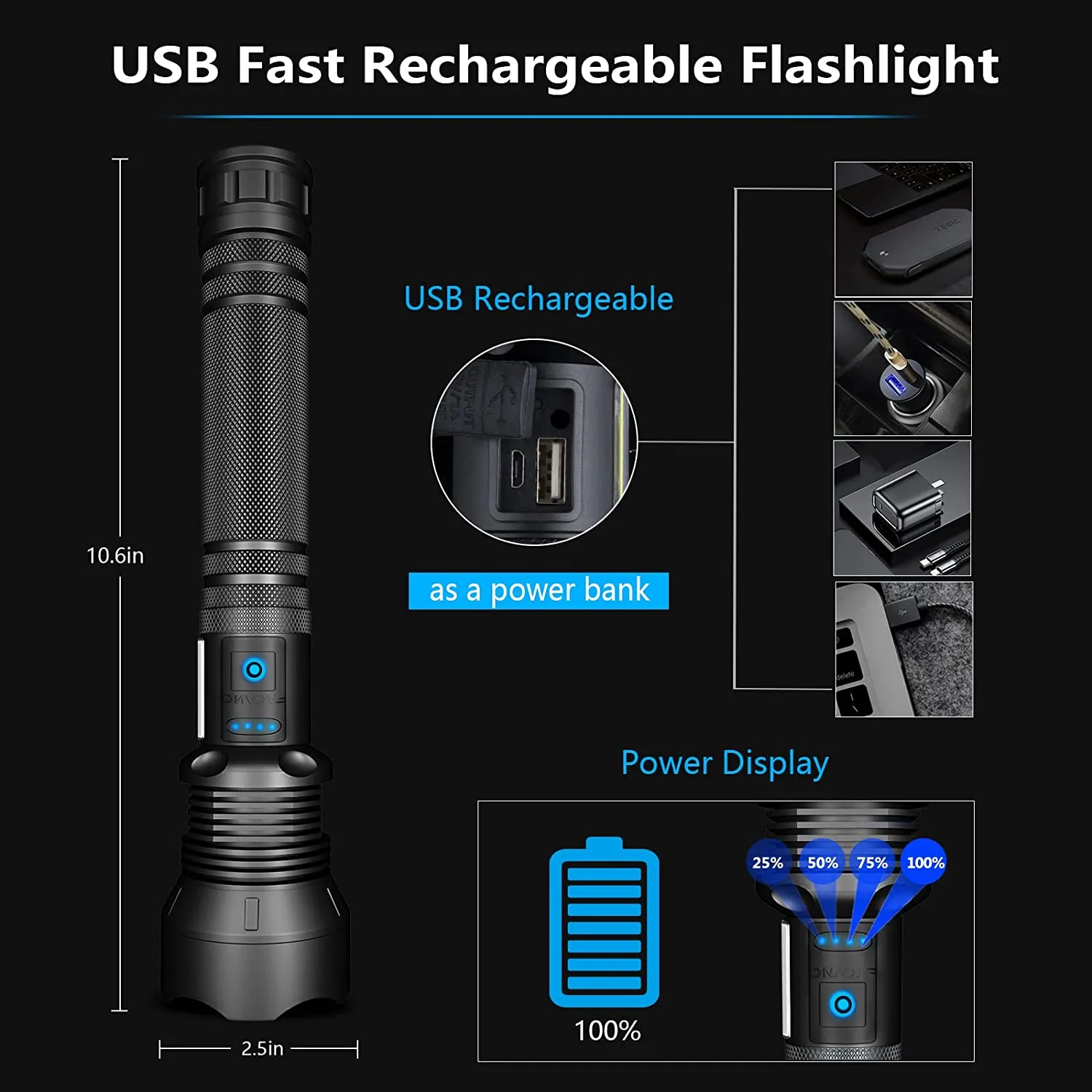 GOHOMAN Rechargeable Flashlights High Lumens, 100000 Lumens Led Flashlight with USB Cable, Super Bright Flashlight for Emergencies, High Powered Flash Light IPX6 Waterproof 7 Light Modes Zoomable