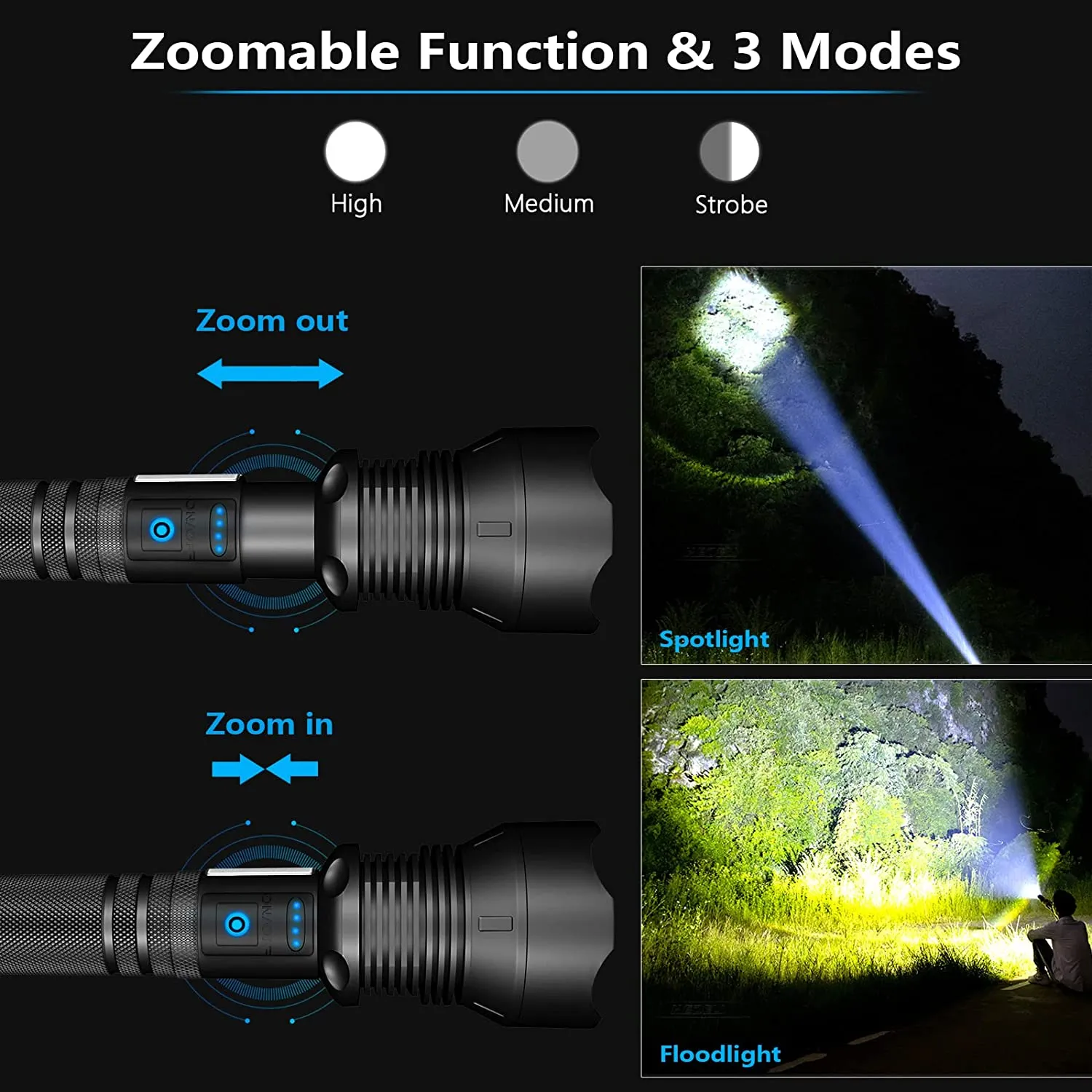 GOHOMAN Rechargeable Flashlights High Lumens, 100000 Lumens Led Flashlight with USB Cable, Super Bright Flashlight for Emergencies, High Powered Flash Light IPX6 Waterproof 7 Light Modes Zoomable