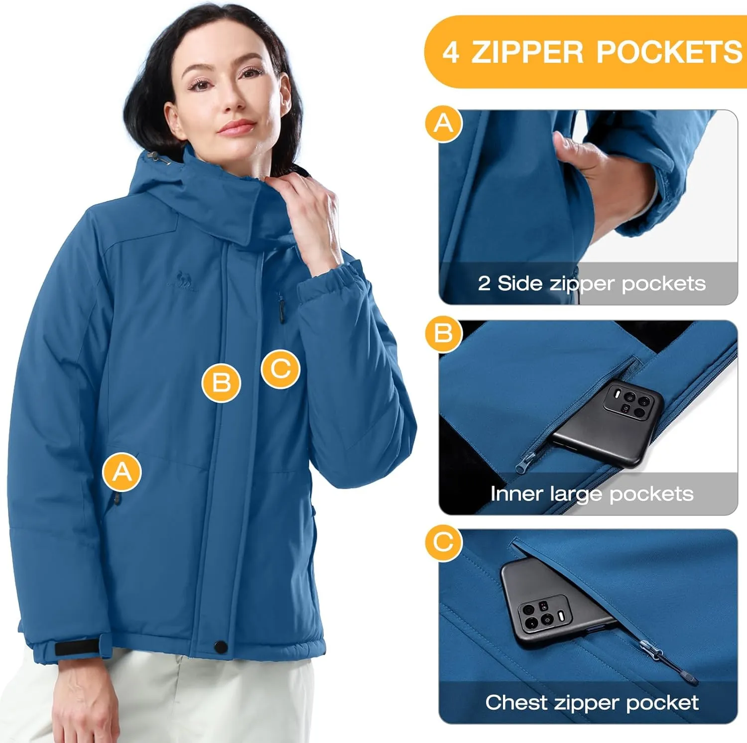 GOLDEN CAMEL Women's Winter Jacket Windproof Ski Snow Jacket Waterproof Thicken Parka Rain Jacket Warm Puffer Coat