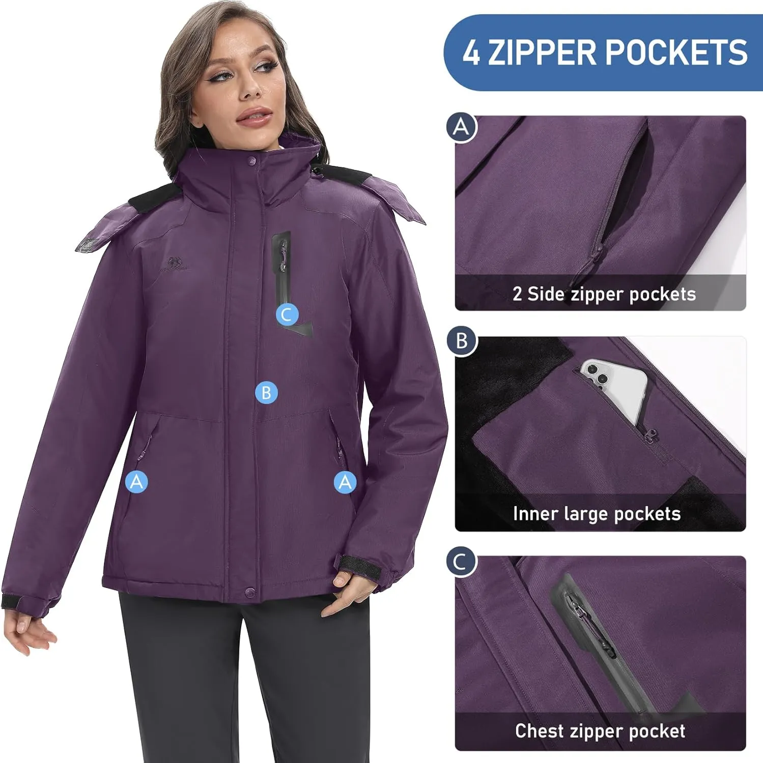 GOLDEN CAMEL Women's Winter Jacket Windproof Ski Snow Jacket Waterproof Thicken Parka Rain Jacket Warm Puffer Coat