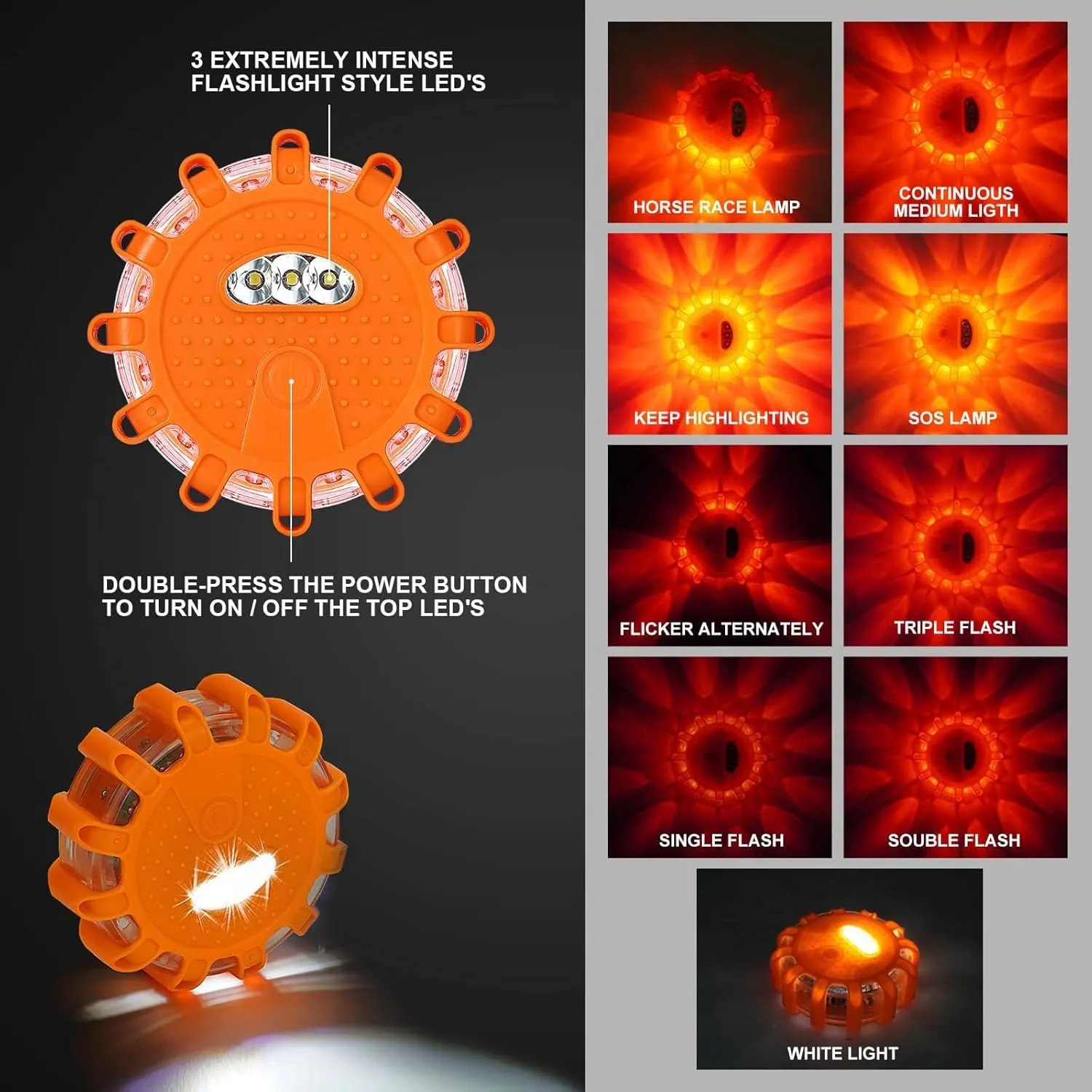GP904 LED Road Flares Emergency Light Kit, 9 Glow Modes Strong Magnet Hang Hook for Holiday Gift, Road Emergency Rescue Search Better Protect Life Safety (4Pack Batteries not Included)