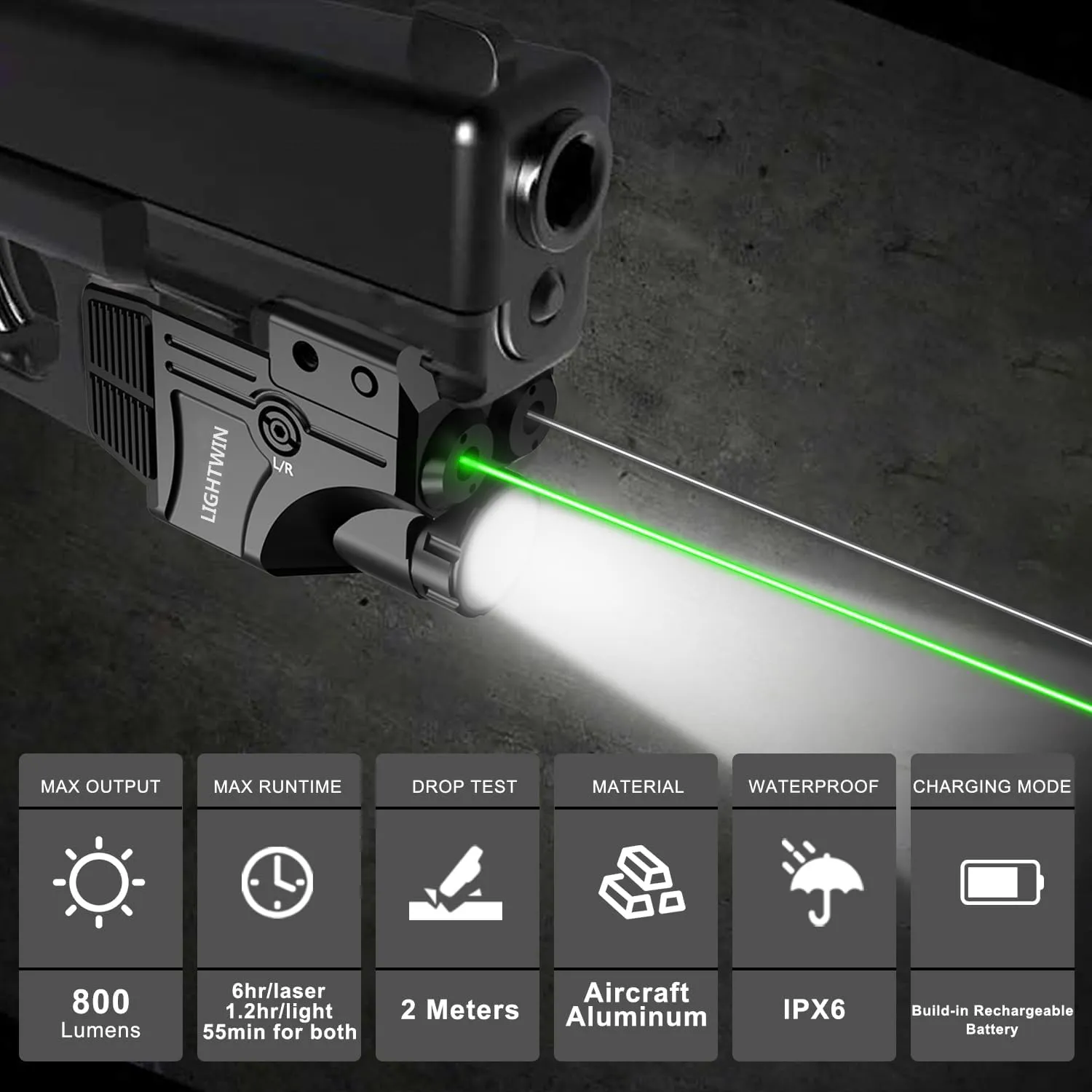 Green Blue Red Purple Infrared Laser Beam with 800 Lumen LED Light for Pistol, 3 in 1 Laser Flashlight Combo, USB Rechargeable Laser Sight with Strobe Flashlight