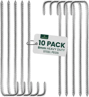 GREEN HAVEN Ultra-Strong Heavy Duty Tent Pegs Pack of 10 - Extra Thick Tent Metal Camping Pegs, Rust Proof J-Pin 8mm Thick Peg, Ideal for Agricultural Fences, Camping, Garden