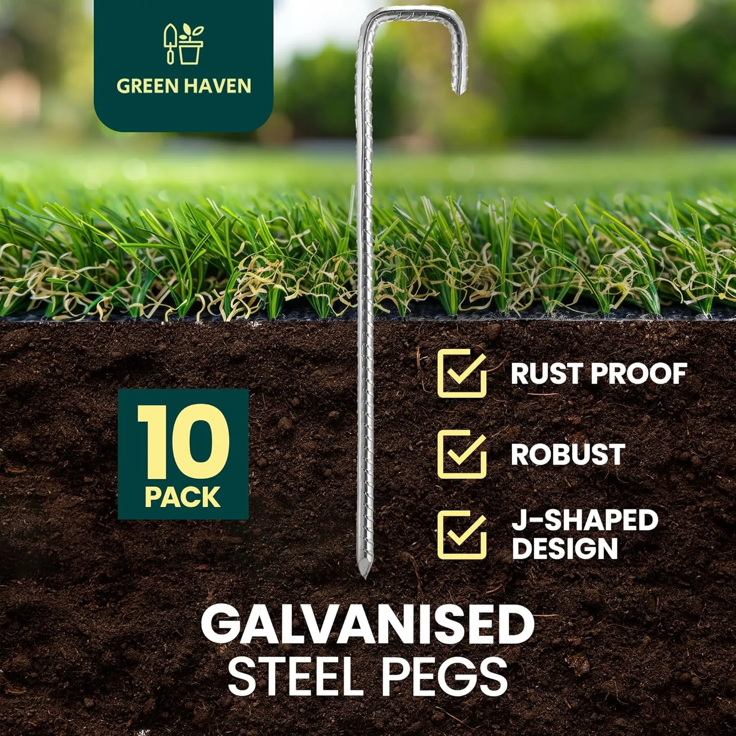 GREEN HAVEN Ultra-Strong Heavy Duty Tent Pegs Pack of 10 - Extra Thick Tent Metal Camping Pegs, Rust Proof J-Pin 8mm Thick Peg, Ideal for Agricultural Fences, Camping, Garden