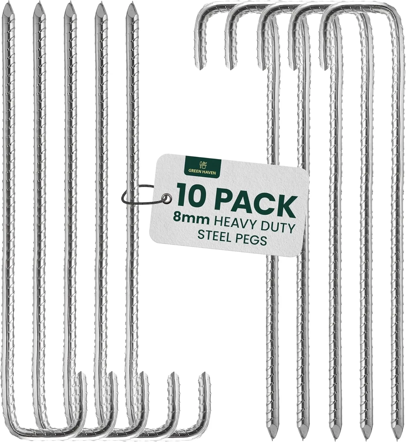 GREEN HAVEN Ultra-Strong Heavy Duty Tent Pegs Pack of 10 - Extra Thick Tent Metal Camping Pegs, Rust Proof J-Pin 8mm Thick Peg, Ideal for Agricultural Fences, Camping, Garden