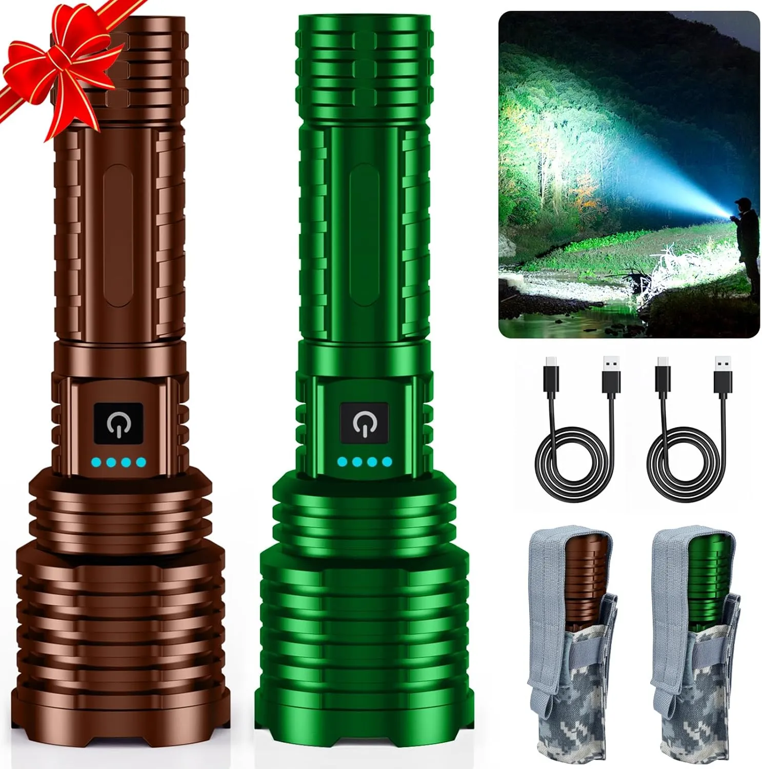 Green&Brown Super Bright Rechargeable LED Flashlights，True High Lumens, Powerful Tactical Flashlight Up to 25H Long Battery Life |Zoomable|5Light Modes|IP67 Water Resistant for Camping
