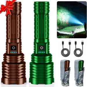 Green&Brown Super Bright Rechargeable LED Flashlights，True High Lumens, Powerful Tactical Flashlight Up to 25H Long Battery Life |Zoomable|5Light Modes|IP67 Water Resistant for Camping