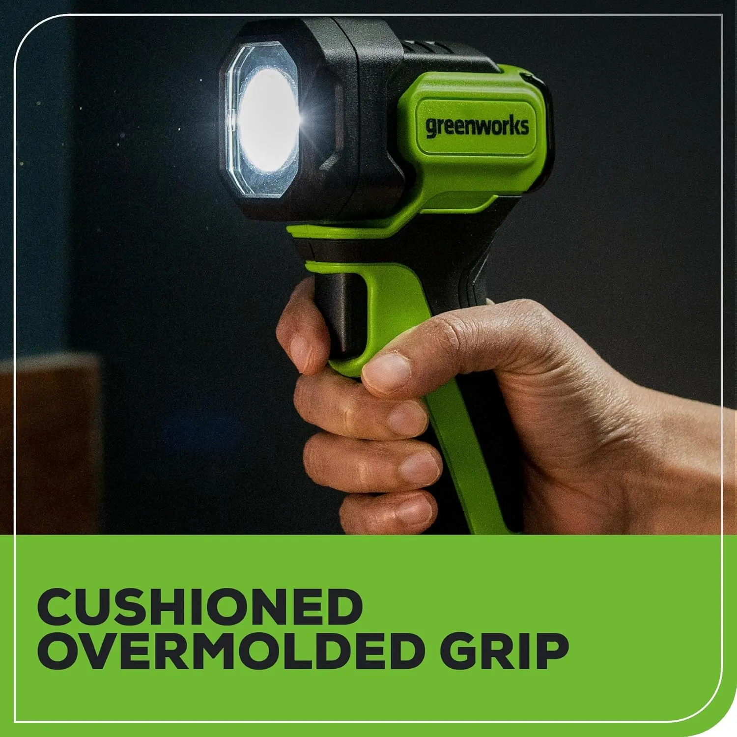 Greenworks 24V Cordless LED Flash Light, 200 lumes Handheld Work Light, Pivoting Head, 3 Lighting Modes, Hanging Hook, with 2Ah Battery and Charger