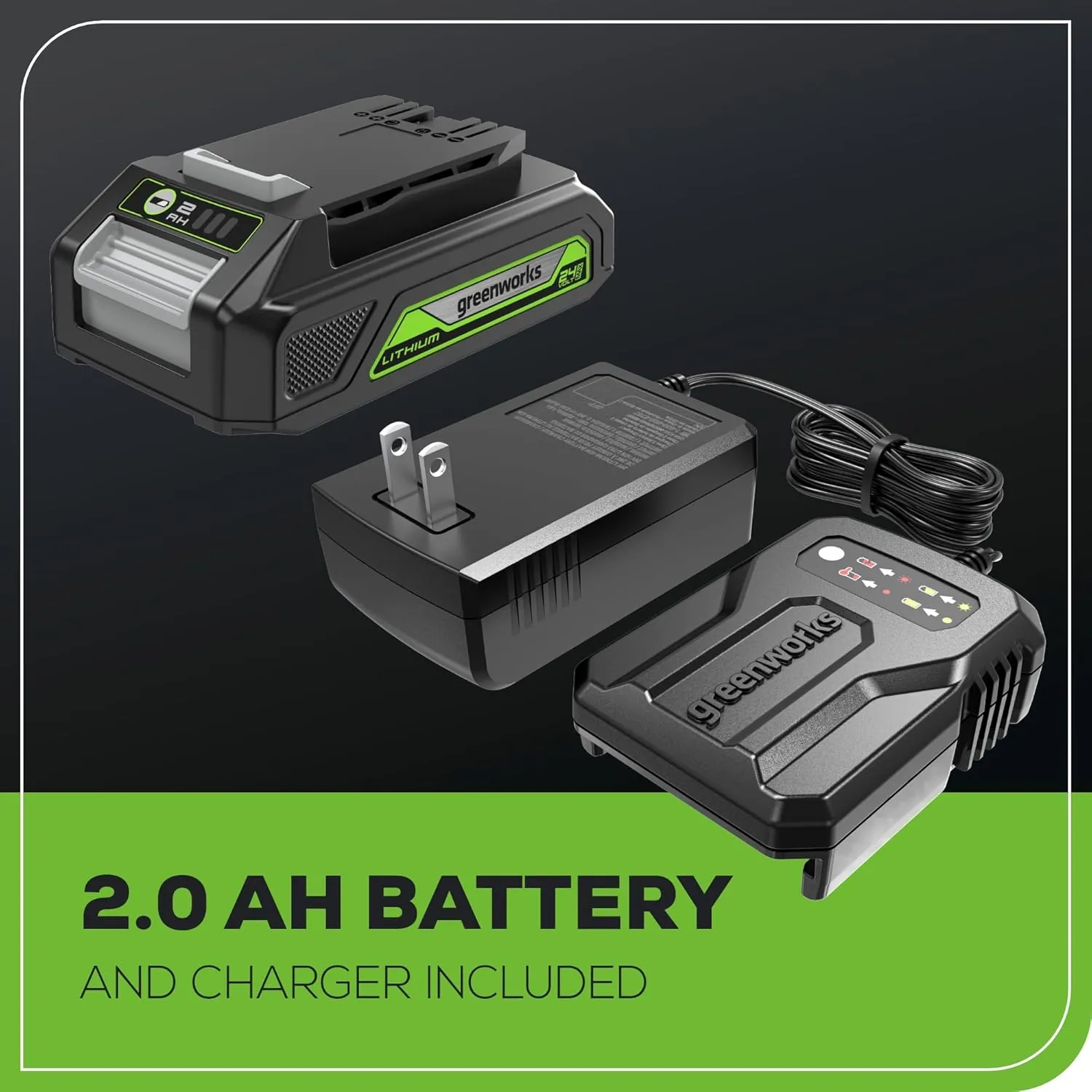 Greenworks 24V Cordless LED Flash Light, 200 lumes Handheld Work Light, Pivoting Head, 3 Lighting Modes, Hanging Hook, with 2Ah Battery and Charger