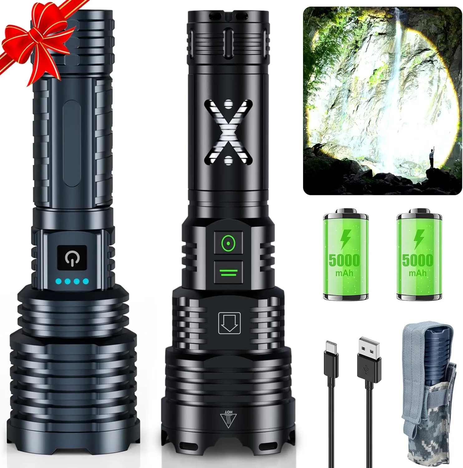 Grey&Black LED Flashlights High Lumens,Tactical Flashlight Rechargeable USB C, 11 Modes, Zoomable, IP67 Waterproof, High Powered Flashlight for Home Camping Emergencies
