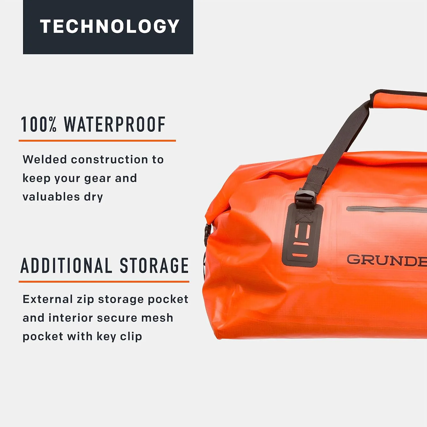 Grundens Shackleton 2.0 Duffel 105L - Waterproof, Welded Construction, Roll Top Closure, and External Secure Zipper Storage for Fishing and Outdoor Use, Red Orange