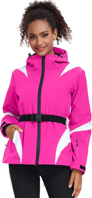 GS SNOWING Women's Ski Jackets Snowboard Coats Windproof Waterproof Insulated Warm Winter Mountain Hooded Jacket with Belt