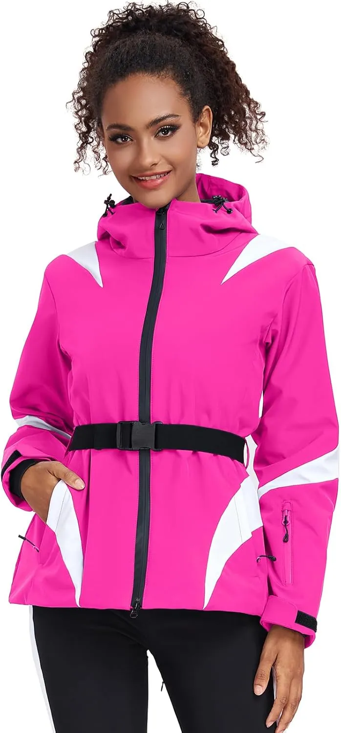 GS SNOWING Women's Ski Jackets Snowboard Coats Windproof Waterproof Insulated Warm Winter Mountain Hooded Jacket with Belt