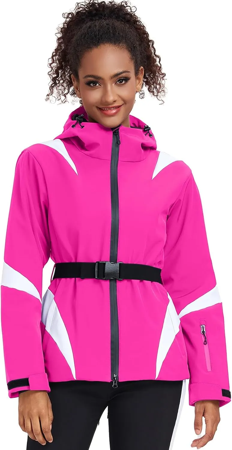 GS SNOWING Women's Ski Jackets Snowboard Coats Windproof Waterproof Insulated Warm Winter Mountain Hooded Jacket with Belt