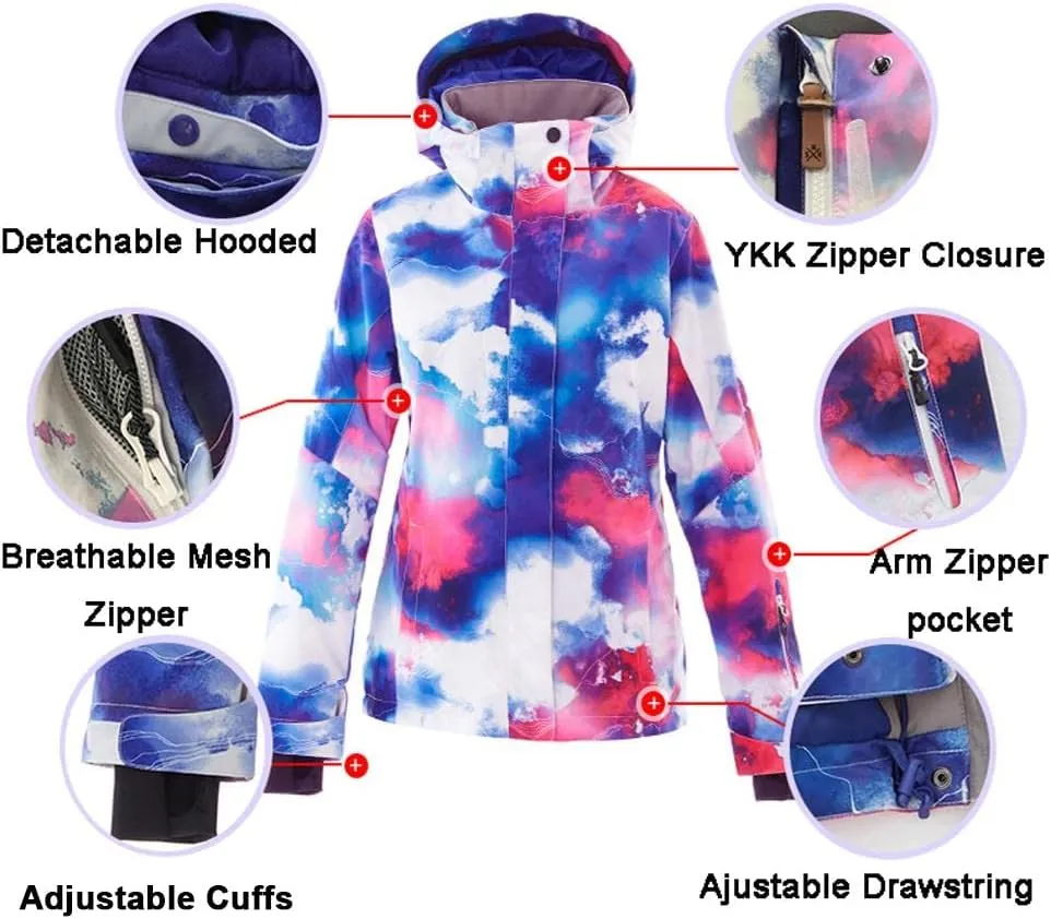 GS SNOWING Women's Ski Jackets Snowboard Coats Windproof Waterproof Insulated Warm Winter Mountain Hooded Jacket with Belt