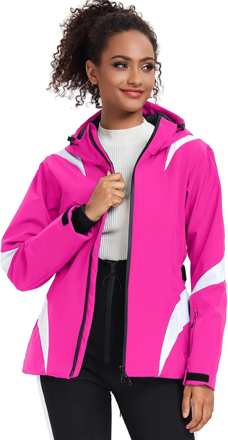 GS SNOWING Women's Ski Jackets Snowboard Coats Windproof Waterproof Insulated Warm Winter Mountain Hooded Jacket with Belt