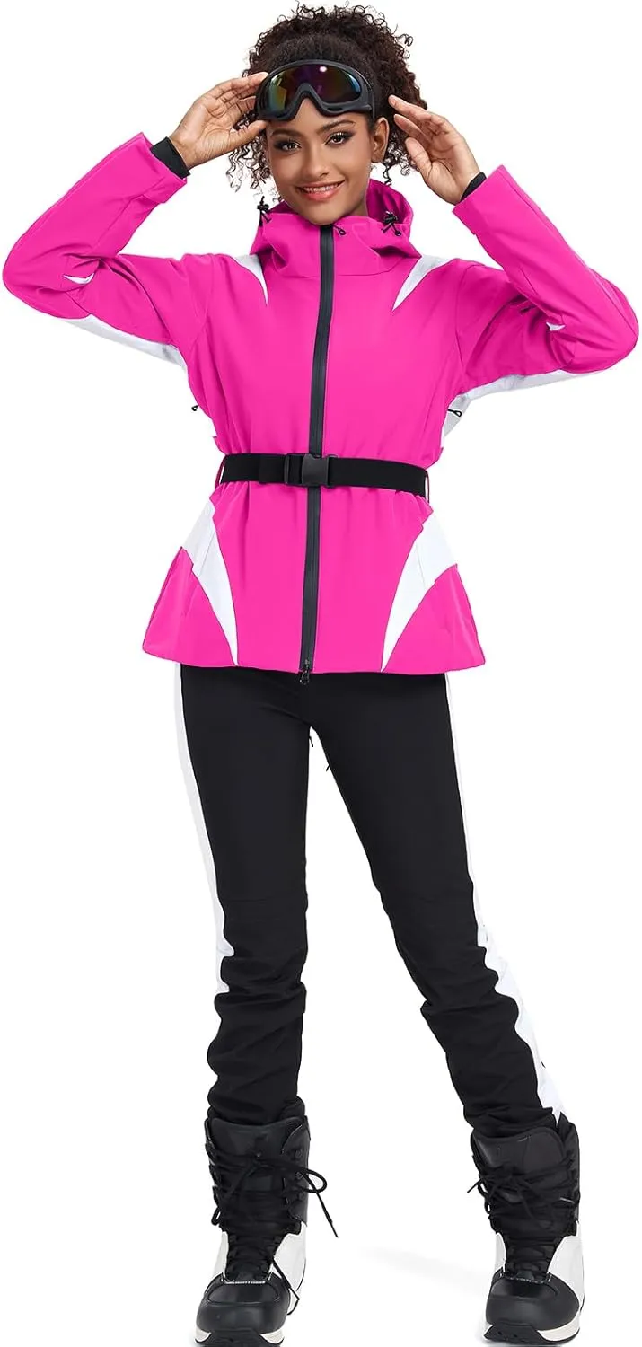 GS SNOWING Women's Ski Jackets Snowboard Coats Windproof Waterproof Insulated Warm Winter Mountain Hooded Jacket with Belt