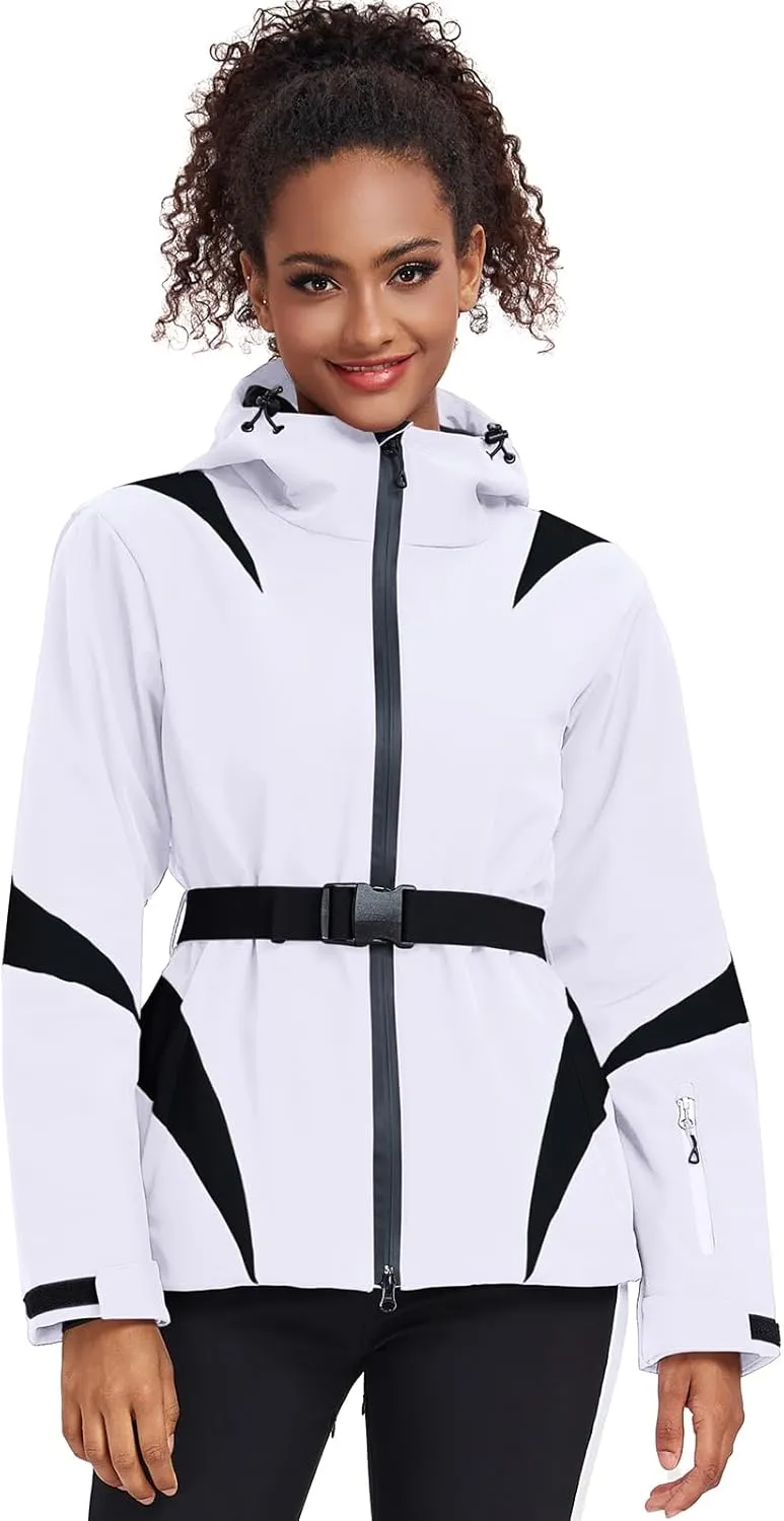 GS SNOWING Women's Ski Jackets Snowboard Coats Windproof Waterproof Insulated Warm Winter Mountain Hooded Jacket with Belt
