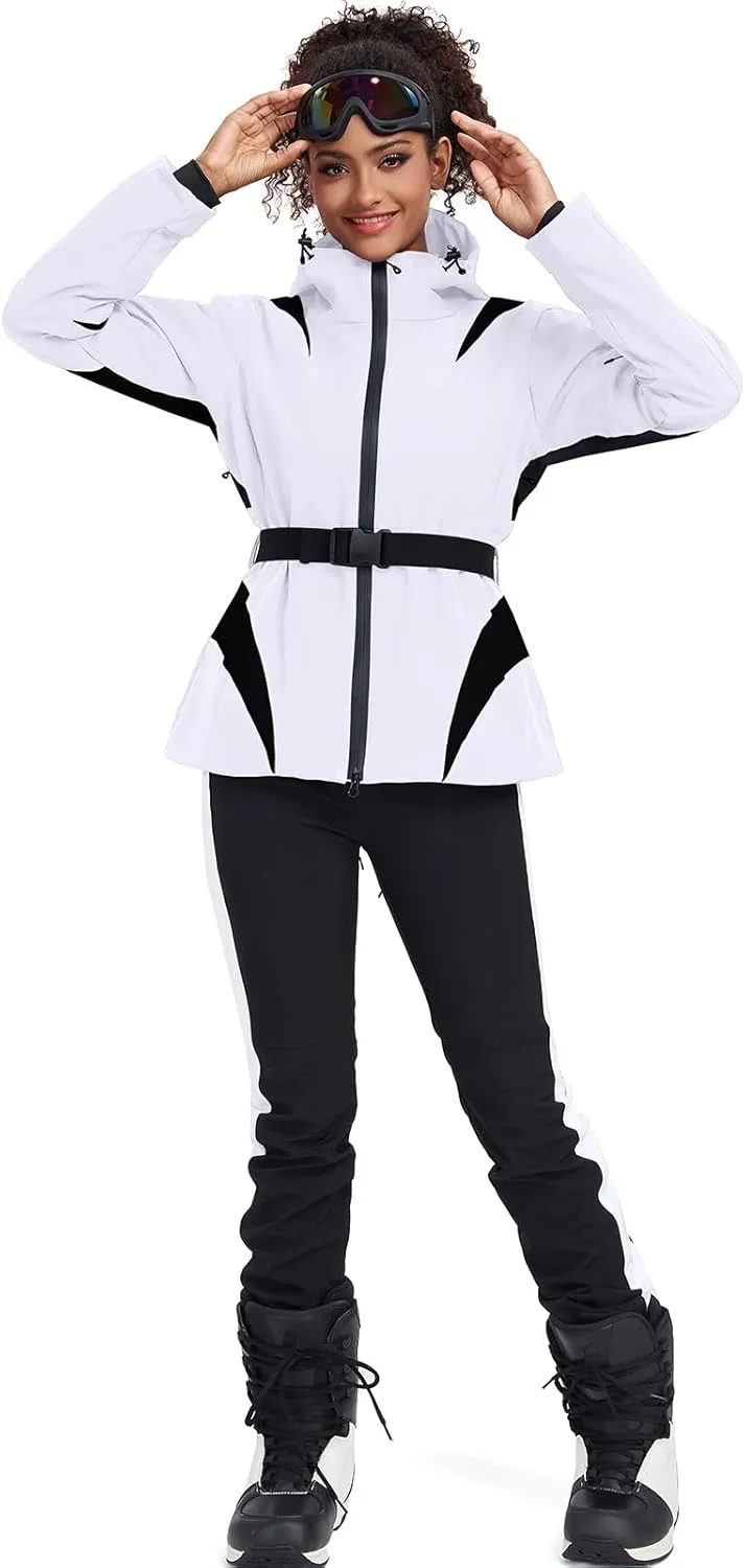 GS SNOWING Women's Ski Jackets Snowboard Coats Windproof Waterproof Insulated Warm Winter Mountain Hooded Jacket with Belt