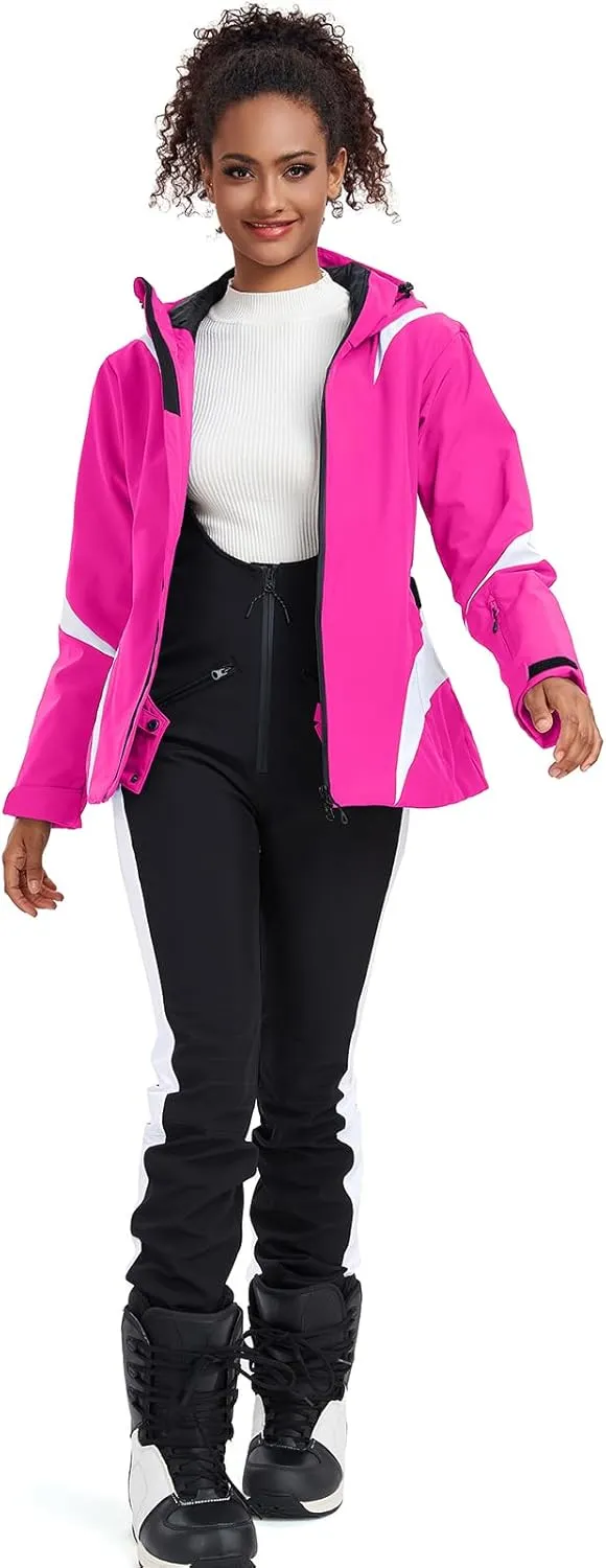 GS SNOWING Women's Ski Jackets Snowboard Coats Windproof Waterproof Insulated Warm Winter Mountain Hooded Jacket with Belt