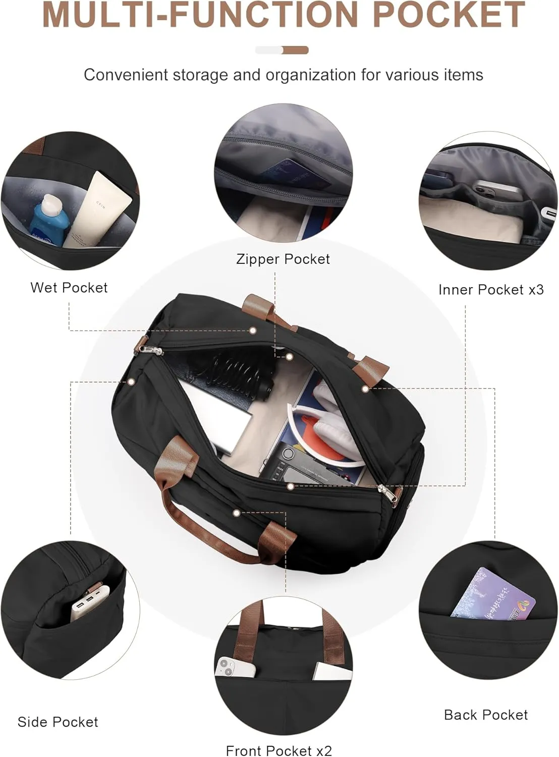Gym Bag for Women Men with Shoe Compartment, Sport Duffel Bag, Waterproof Travel Weekender Overnight Carry on Bag for Yoga with Trolley Sleeve, Black Brown