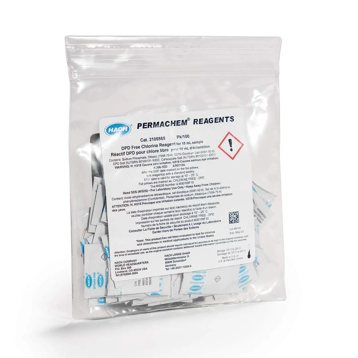 Hach DPD Free Chlorine Reagent Powder Pillows, 10 mL, Pack of 100, USEPA Accepted, Drinking Water and Wastewater Analysis, Boric Acid Free, 0.02-2.00 mg/L Cl₂, 2105569