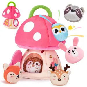 hahaland Baby Toys 6-12 Months - Montessori Toys for 6 Month Old Girl, My First Mushroom House with Stuffed Jungle Animals, Rattle, Crinkle Paper, Mirror, Sensory Toddler Toy for 1 Year Old Girl Gifts