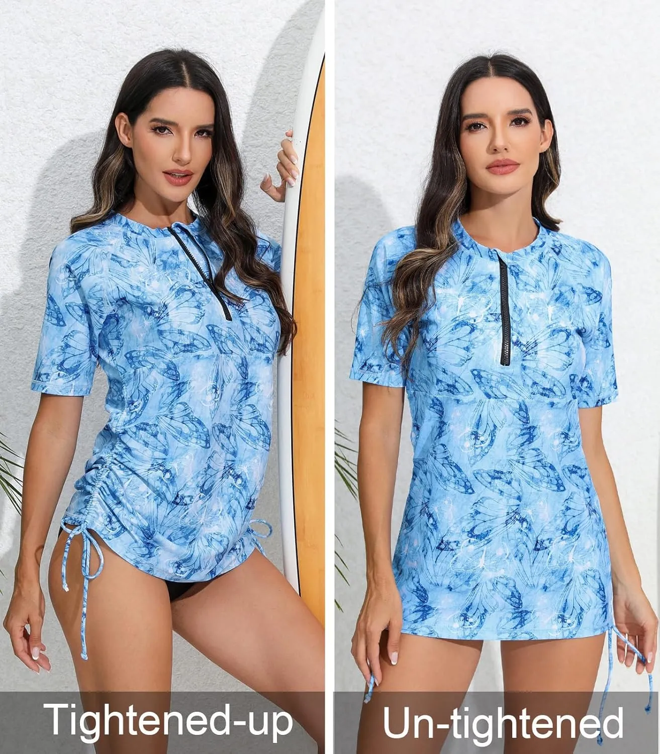 Halcurt Women's Half Zip Short Sleeve Rash Guard Swimsuit Top Ruched Swim Shirt UPF50  Quick Dry Bathing Suit