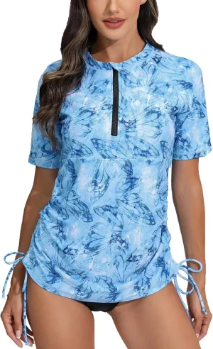 Halcurt Women's Half Zip Short Sleeve Rash Guard Swimsuit Top Ruched Swim Shirt UPF50  Quick Dry Bathing Suit
