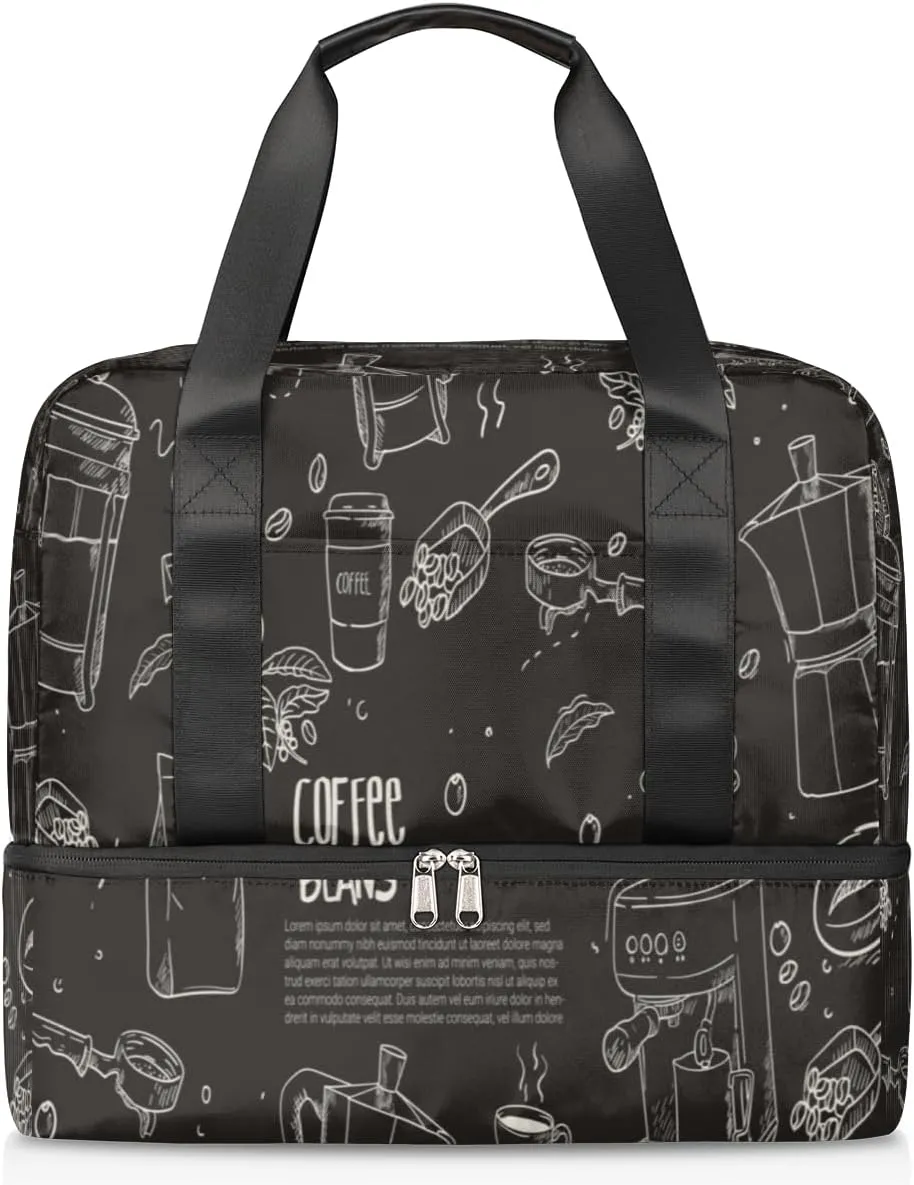 Hand Drawn Coffee Equipment Composition Background Travel Bag Double Tier Zip Closure Weekender Bag with Leather Handle Waterproof Sports Tote Gym Bag for Swim Beach Gym Yoga