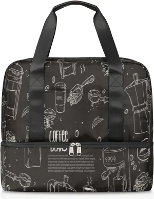 Hand Drawn Coffee Equipment Composition Background Travel Bag Double Tier Zip Closure Weekender Bag with Leather Handle Waterproof Sports Tote Gym Bag for Swim Beach Gym Yoga