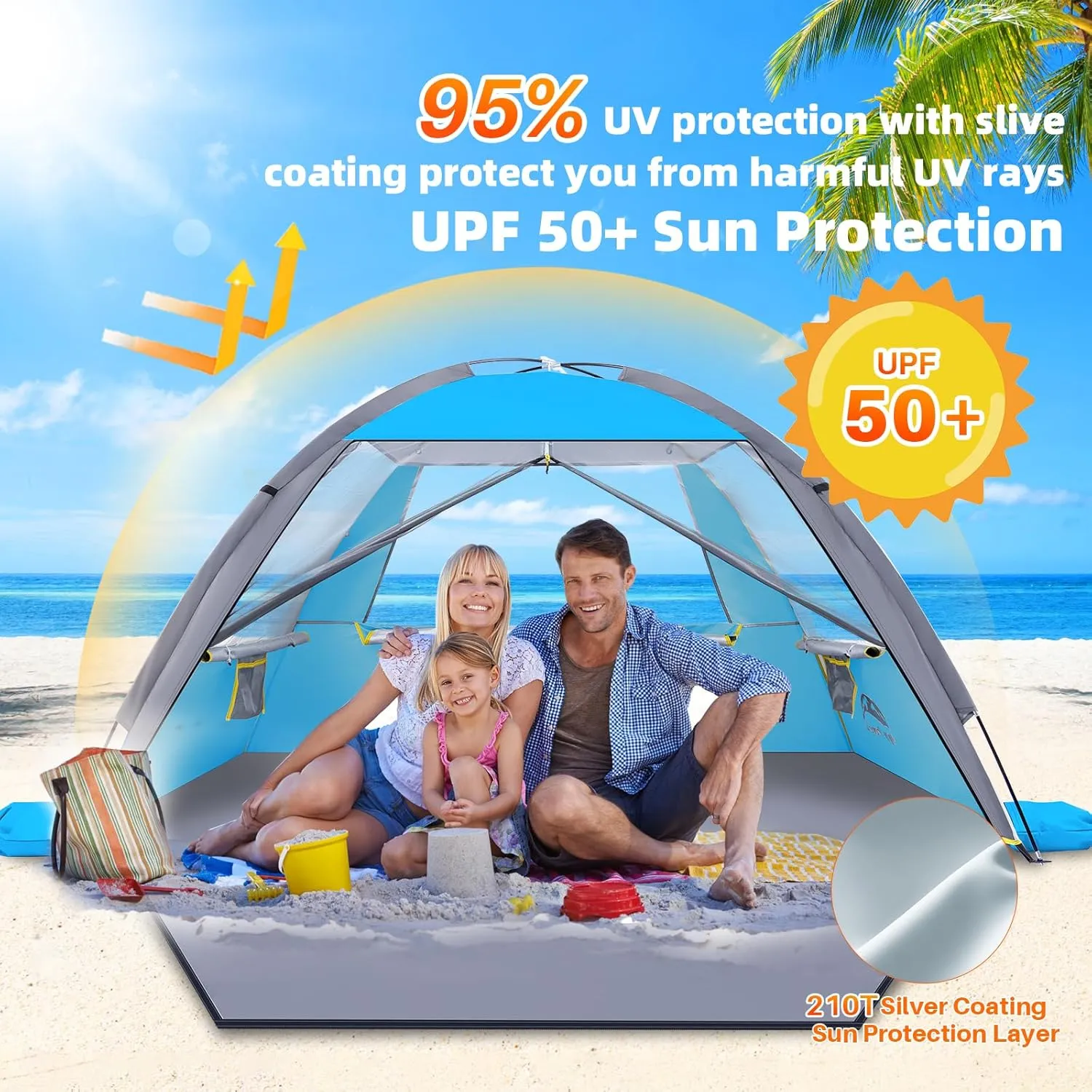 Happy Travel Beach Tent, UPF 50  UV Protection Sun Shade Shelter for 3/4/5/6/7/8 Person, Portable Beach Canopy for Family & Baby, Lightweight & Easy Setup Beach Cabana with 3 Ventilation Mesh Windows