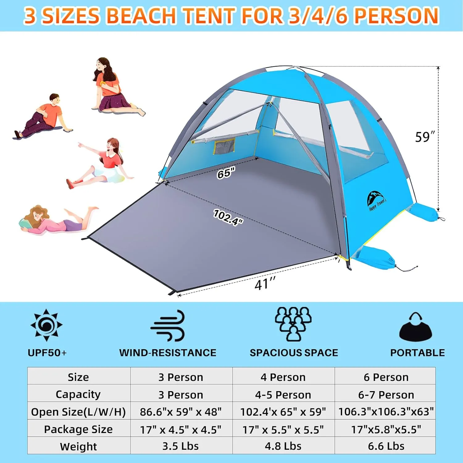 Happy Travel Beach Tent, UPF 50  UV Protection Sun Shade Shelter for 3/4/5/6/7/8 Person, Portable Beach Canopy for Family & Baby, Lightweight & Easy Setup Beach Cabana with 3 Ventilation Mesh Windows